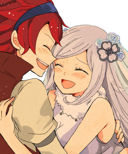 10s 1boy 1girl aila_jyrkiainen atsumi_yoshioka couple closed_eyes eyewear_on_head glasses gundam gundam_build_fighters gundam_build_fighters_try happy hetero hug long_hair red_hair reiji_(gundam_bf) short_hair silver_hair smile sunglasses