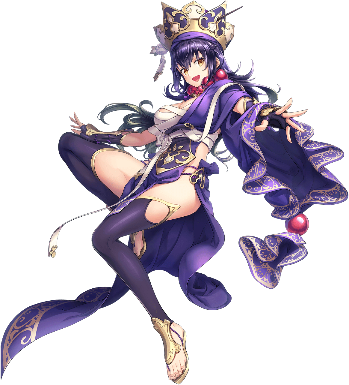 1girl artist_request bare_hips breasts crown fingerless_gloves full_body game_cg gloves green_hair highres jewelry long_hair multicolored_hair necklace official_art open_mouth orange_eyes pearl_necklace purple_hair sandals sarashi solo source_request suiren_(unitia) transparent_background two-tone_hair unitia