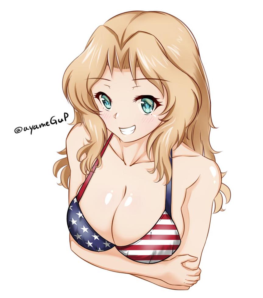 1girl american_flag american_flag_bikini american_flag_print bikini blonde_hair blue_eyes breasts busan_no_hamaguchi cleavage collarbone cropped_torso flag_print flag_print_bikini girls_und_panzer grin hair_intakes kay_(girls_und_panzer) large_breasts long_hair looking_at_viewer print_bikini simple_background smile solo swimsuit twitter_username upper_body white_background