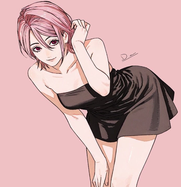 1girl black_dress dandadan divadiva548447 dress pink_background pink_hair red_eyes shiratori_aira_(dandadan) short_hair signature simple_background solo