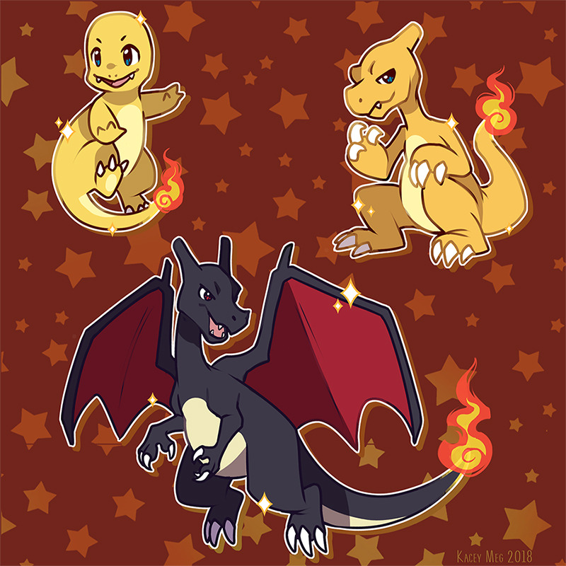 alternate_color artist_name blue_eyes charizard charmander charmeleon claws commentary_request dated fangs fire gen_1_pokemon kaceymeg nintendo nostrils pokemon pokemon_(creature) red_background red_eyes shiny_pokemon simple_background smile star_(symbol) wings