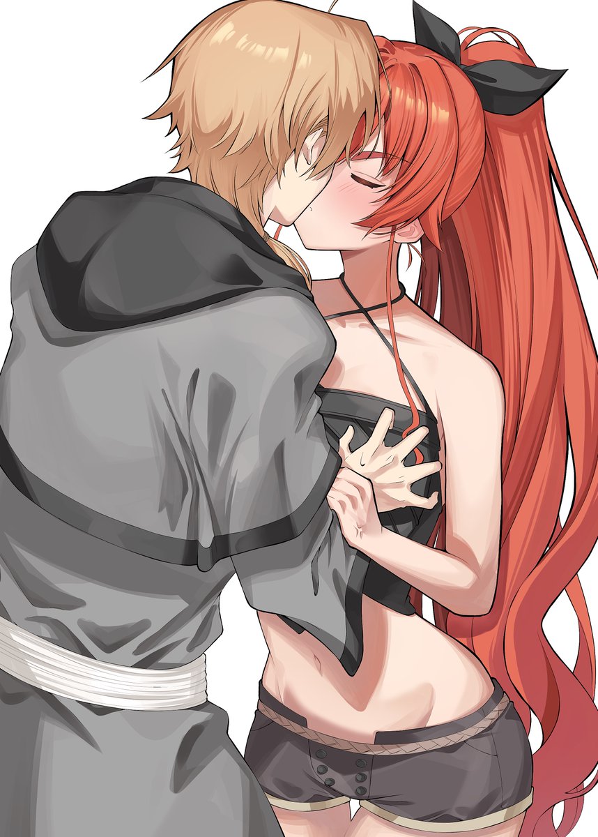 1boy 1girl ahoge anger_vein blush breasts eris_greyrat grabbing_another&#039;s_breast groping guided_breast_grab guiding_hand hair_between_eyes hetero highres husband_and_wife kiss large_breasts long_hair marbo_(saico556) mushoku_tensei navel ponytail red_hair rudeus_greyrat shirt short_hair simple_background very_long_hair white_background