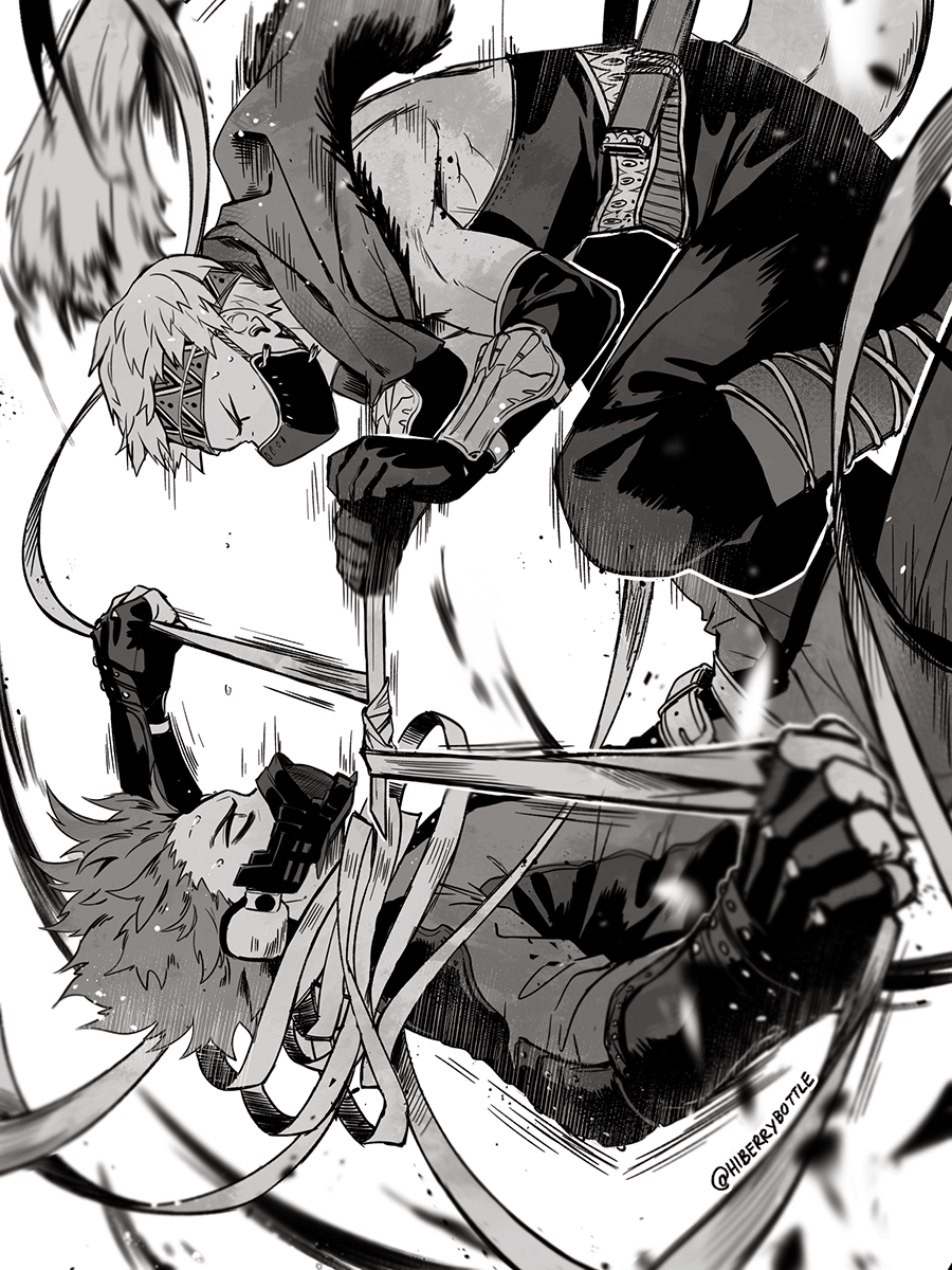 2boys alternate_universe attack bags_under_eyes bare_shoulders battle belt blocking blurry blurry_background blurry_foreground boku_no_hero_academia boots circle_name clothing_request commentary covered_mouth dagger debris depth_of_field duel elbow_gloves english_commentary eye_contact falling fingerless_gloves floating_scarf foreshortening fringe_trim from_side fur-tipped_tail furrowed_brow gloves greyscale hair_slicked_back hands_up headband highres holding holding_dagger holding_knife holding_unworn_clothes holding_unworn_scarf holding_weapon knee_boots knees_up knife long_scarf looking_at_another lowah male_focus mask midair monochrome motion_blur motion_lines mouth_mask multiple_boys official_alternate_costume ojiro_mashirao outstretched_arms pants profile scarf sheath shinso_hitoshi shirt short_hair simple_background speed_lines spread_arms strapless sweat tail twitter_username unsheathed unworn_scarf upper_body vambraces weapon white_background