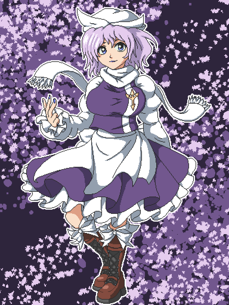 1girl aksawshin apron blue_eyes blue_skirt blue_vest boots breasts brown_boots hat lapel_pin large_breasts letty_whiterock light_purple_hair long_sleeves medium_hair pixel_art puffy_short_sleeves puffy_sleeves purple_eyes scarf shirt short_sleeves skirt skirt_set snow solo touhou vest waist_apron wavy_hair white_apron white_hat white_scarf white_shirt