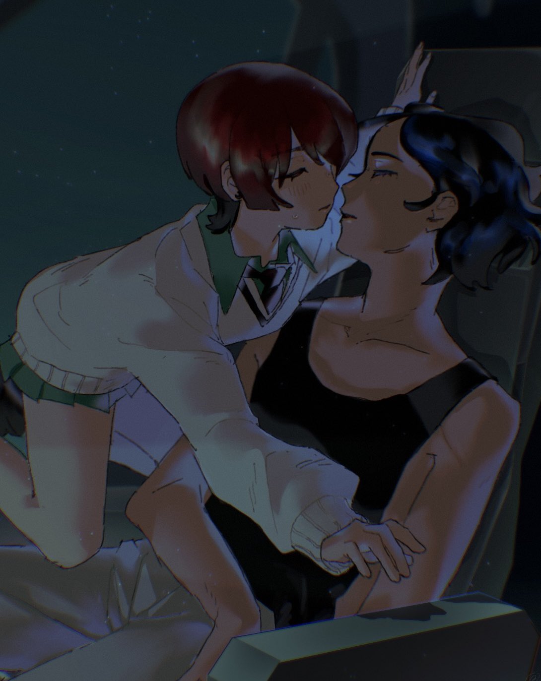 1boy 1girl all_fours amate_yuzuriha blue_hair blush closed_eyes cockpit collared_shirt commentary_request fishnakiken gundam gundam_gquuuuuux highres imminent_kiss long_sleeves necktie red_hair school_uniform shirt short_hair shuji_ito sitting skirt sleeping sleeveless sweater tank_top