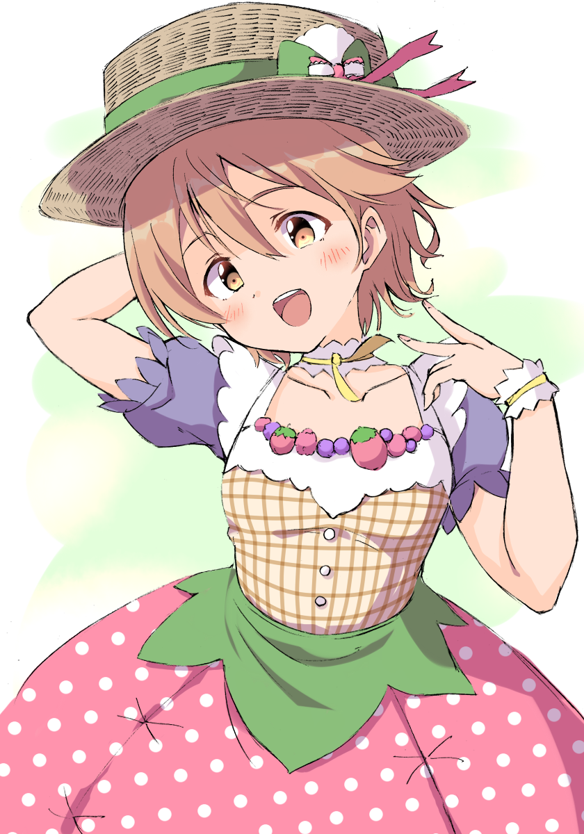 1girl :d blush boater_hat brown_hat collarbone cowboy_shot green_background hat highres hoshizora_rin looking_at_viewer love_live! love_live!_school_idol_project open_mouth orange_hair pink_skirt puffy_short_sleeves puffy_sleeves purple_sleeves sen_(sen0910) shirt short_hair short_sleeves skirt smile solo straw_hat teeth upper_teeth_only yellow_eyes yellow_shirt