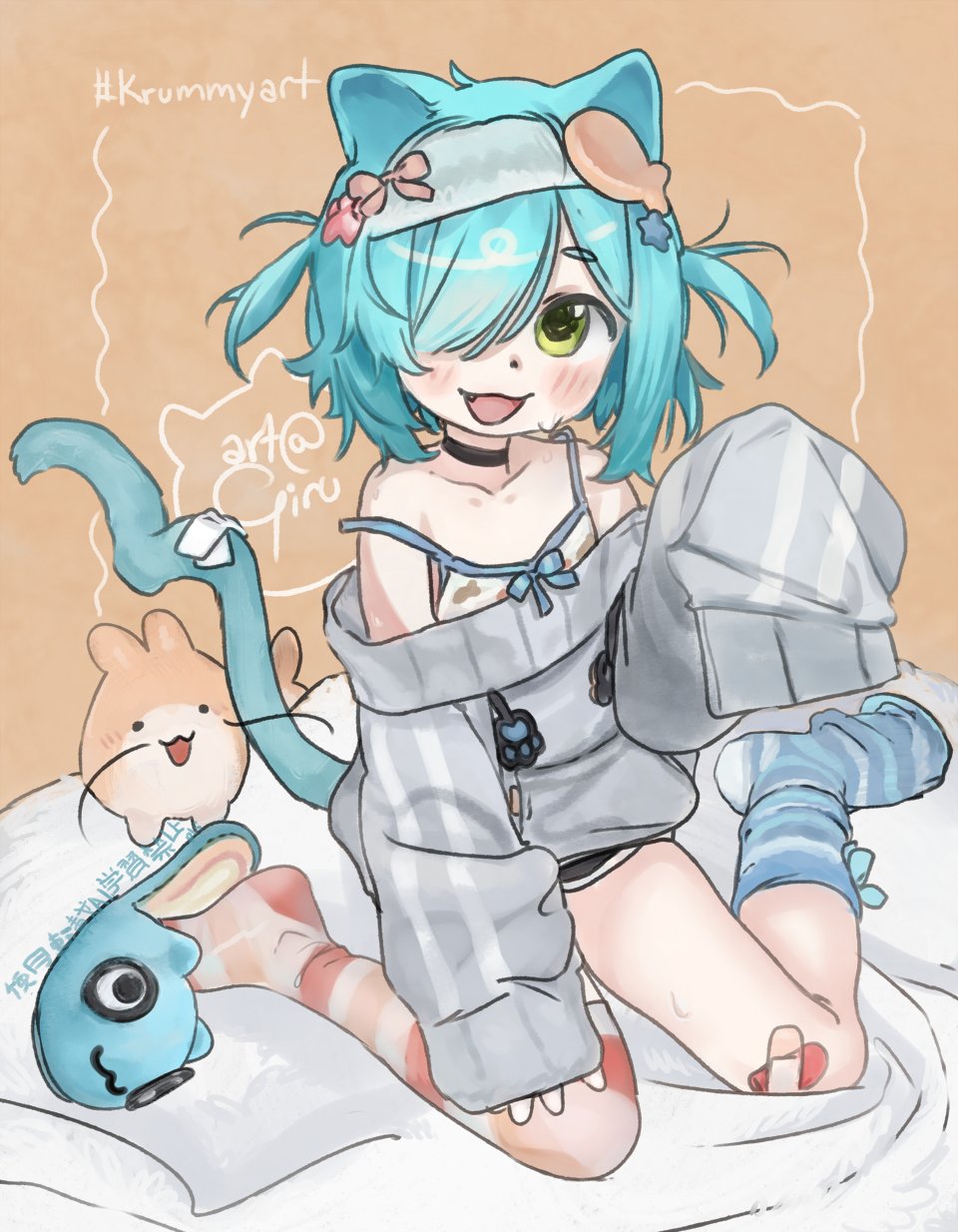 1girl animal_ears aqua_hair artist_name asymmetrical_legwear bandaid bandaid_on_knee bandaid_on_leg blush cat_ears cat_tail commentary english_commentary fangs girutea hair_over_one_eye highres kneehighs krumroll long_sleeves messy_hair mismatched_legwear shoes short_hair single_shoe single_slipper sleeves_past_fingers sleeves_past_wrists slippers smile socks strap_slip striped_clothes striped_thighhighs tail tail_raised thighhighs translation_request