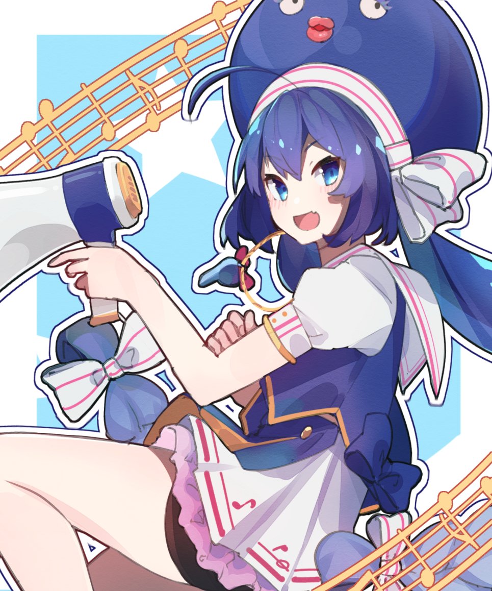 1girl :d ahoge beamed_eighth_notes bike_shorts bike_shorts_under_skirt black_shorts blue_background blue_eyes blue_hair blue_hat border bow braid eel_hat eighth_note fang feet_out_of_frame frilled_skirt frills from_side hair_between_eyes hair_bow hat hat_ribbon holding holding_megaphone large_hat layered_skirt long_hair looking_at_viewer low-braided_long_hair low-tied_long_hair megaphone mo_kiduti musical_note musical_note_print musical_staff no_detached_sleeves open_mouth otomachi_una otomachi_una_(sugar) outline outside_border pleated_skirt puffy_short_sleeves puffy_sleeves quarter_note ribbon sailor_collar short_sleeves shorts sidelocks skin_fang skirt sleeve_cuffs smile solo star_(symbol) striped_bow striped_ribbon twintails very_long_hair vocaloid white_border white_outline white_ribbon white_sailor_collar white_skirt