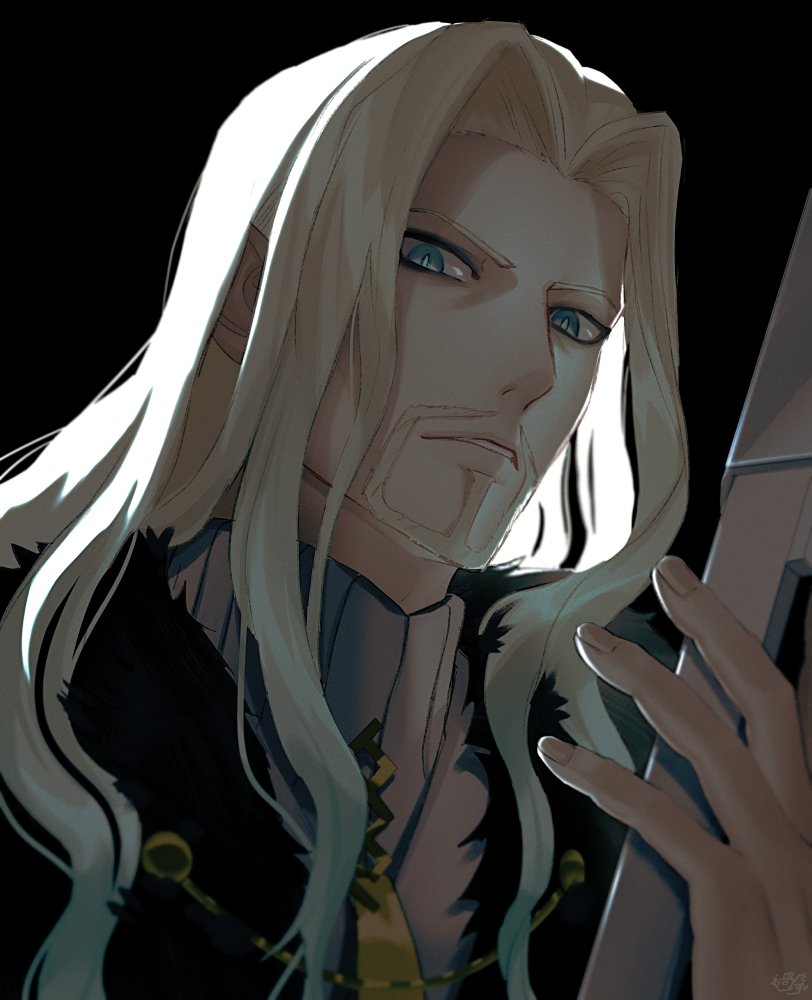1boy ayamatazu beard black_background blonde_facial_hair blonde_hair blue_eyes bright_pupils cape facial_hair fate/apocrypha fate_(series) fingernails fur-trimmed_cape fur_trim holding long_hair looking_at_viewer male_focus parted_lips sidelighting solo vlad_iii_(fate/apocrypha) wavy_hair white_pupils