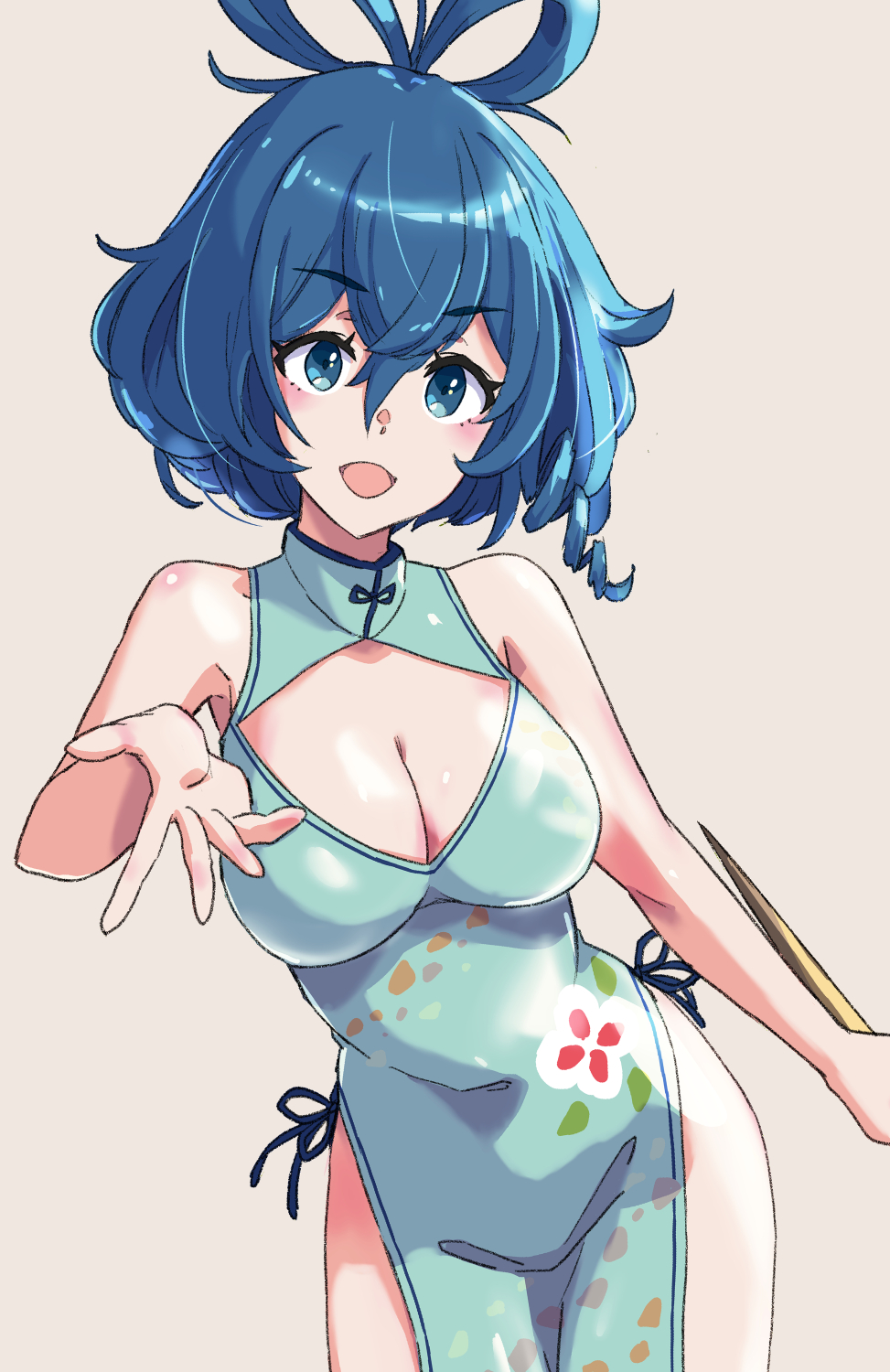 1girl adapted_costume aqua_dress bare_shoulders blue_eyes blue_hair breasts china_dress chinese_clothes cleavage cleavage_cutout clothing_cutout commentary_request cowboy_shot dagger double-parted_bangs dress drill_hair floral_print hair_rings hand_up highres holding holding_weapon jack_(wkm74959) kaku_seiga knife large_breasts light_blush looking_at_viewer mandarin_collar open_mouth panties short_hair side-tie_panties simple_background sleeveless sleeveless_dress smile solo stiletto_(weapon) touhou underwear weapon