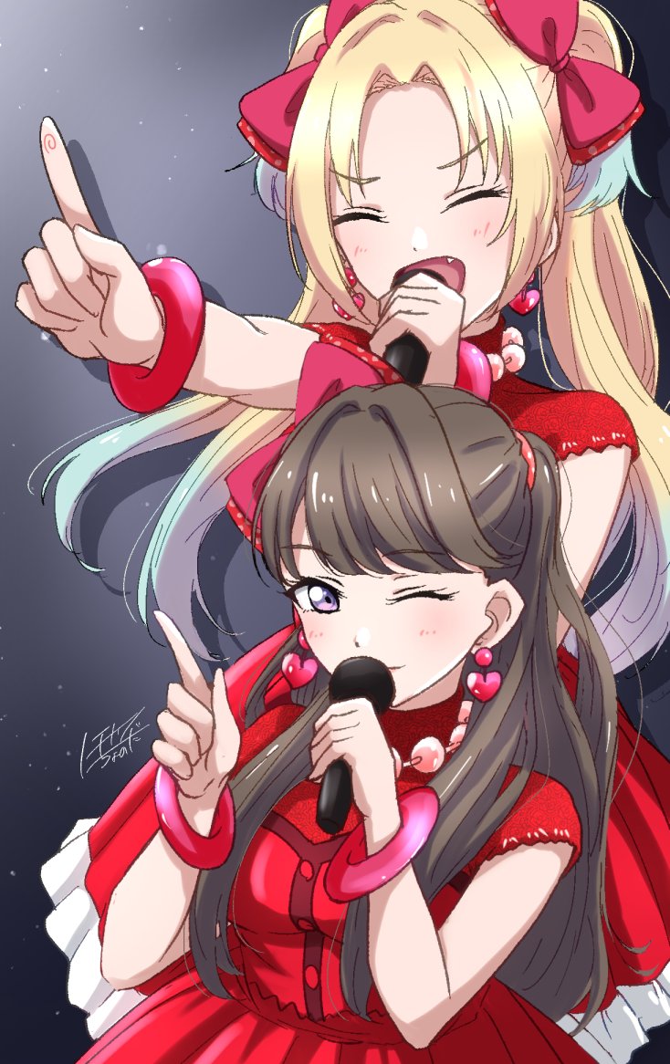 2girls ;) ^_^ bead_necklace beads blonde_hair blue_hair bow bracelet brown_hair closed_eyes closed_mouth commentary_request do!_do!_do!_(love_live!) dress drop_shadow earrings fang fujishima_megumi gradient_hair grey_background hair_bow heart heart_earrings holding holding_microphone index_finger_raised jewelry light_blush link!_like!_love_live! long_hair looking_at_viewer love_live! microphone mira-cra_park! multicolored_hair multiple_girls necklace noochan_chonoda one_eye_closed open_mouth osawa_rurino outstretched_arm parted_bangs purple_eyes red_bow red_dress revision signature sleeveless sleeveless_dress smile twintails two_side_up v-shaped_eyebrows virtual_youtuber