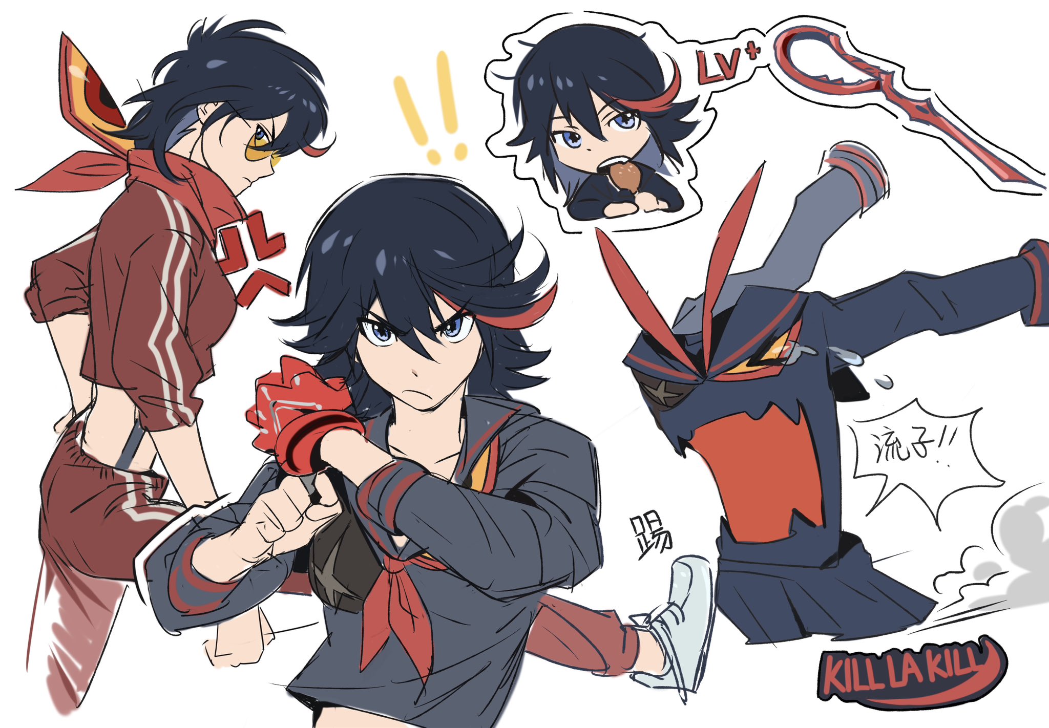 1girl black_hair blue_eyes gloves highres kill_la_kill life_fiber living_clothes matoi_ryuuko multicolored_hair red_hair sapomu4 school_uniform scissor_blade_(kill_la_kill) senketsu serafuku short_hair skirt solo streaked_hair suspenders two-tone_hair