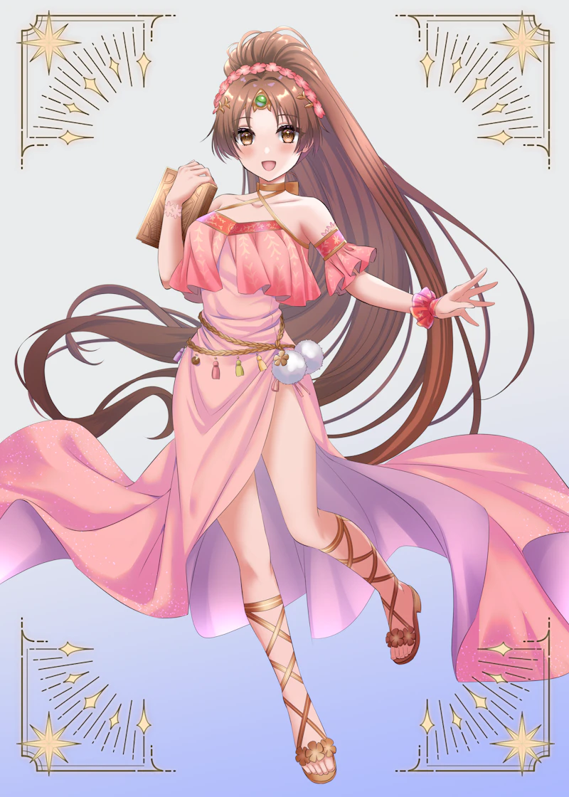 1girl bare_shoulders blue_background book breasts brown_eyes brown_hair circlet criss-cross_halter day dress fire fire_emblem fire_emblem:_mystery_of_the_emblem fire_emblem:_shadow_dragon_and_the_blade_of_light flower full_body hair_flower hair_flower_band hair_ornament halter_dress halterneck holding holding_book kakiko210 linde_(fire_emblem) long_hair looking_at_viewer medium_breasts nintendo open_mouth pink_dress pom_pom_(clothes) ponytail sandals smile solo toes very_long_hair