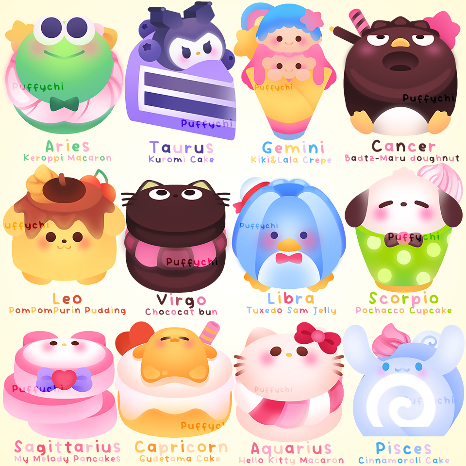 :3 animal-themed_food badtz-maru blueberry cake cake_slice character-themed_food cherry chococat chocolate_donut chocolate_icing cinnamoroll commentary cream cream_puff crepe cupcake donut english_commentary food food_focus fruit fuwa_fuwa_cinnamoroll gelatin gudetama hasunoue_keroppi hello_kitty icing kero_kero_keroppi kiki_(little_twin_stars) kuromi lala_(little_twin_stars) little_twin_stars macaron my_melody no_humans onegai_my_melody pancake pancake_stack pastel_colors pastry pochacco pompompurin pudding puffychii sanrio sweets swiss_roll syrup tuxedo_sam wafer_stick zodiac