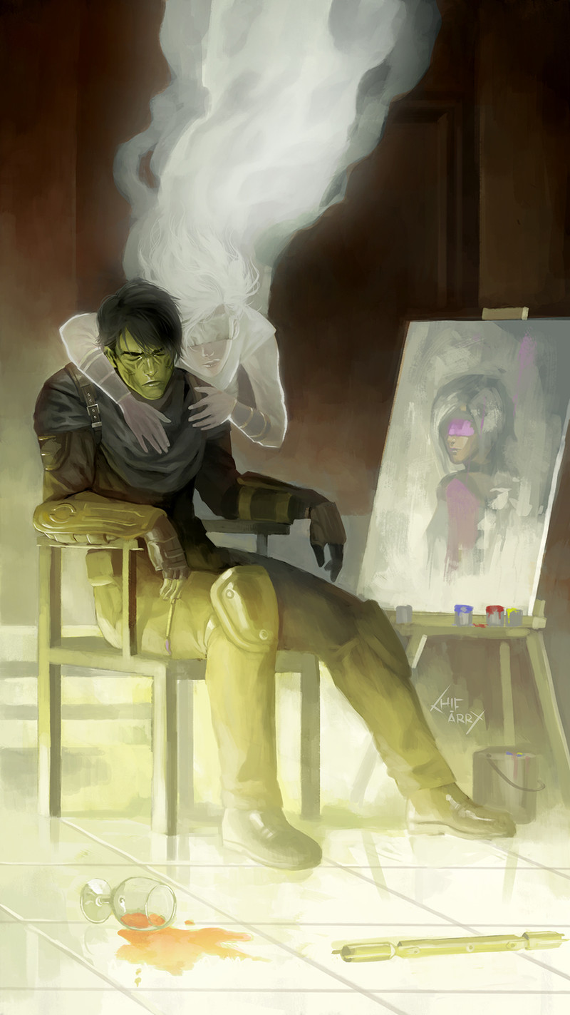 1boy 1girl alien artist_name black_footwear black_hair black_shirt closed_eyes colored_skin cup drinking_glass ghost green_skin hifarry highres indoors long_hair mirialan painting_(object) pants picture_frame shirt shoes short_hair signature sitting star_wars tile_floor tiles vambraces wine_glass
