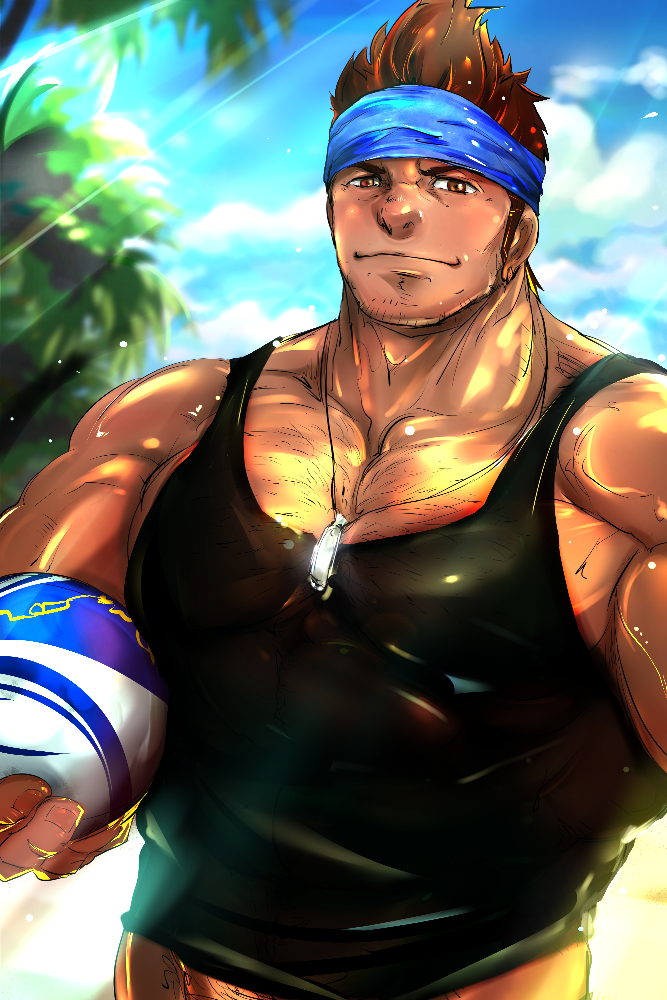 1boy ball bara beach beard_stubble black_tank_top commentary_request doro_rich facial_hair final_fantasy final_fantasy_x headband holding holding_ball large_pectorals male_focus muscular muscular_male orange_hair outdoors paid_reward_available pectoral_cleavage pectorals sideburns solo sparse_chest_hair stubble tank_top upper_body wakka