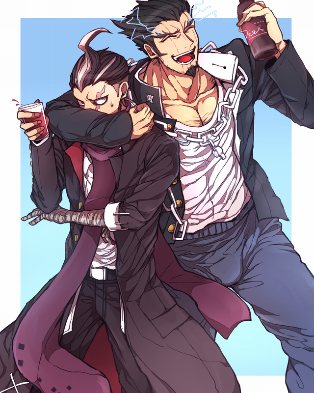 10s 2boys bandages black_hair chain chuunibyou coke danganronpa_(series) glass heterochromia hug jacket male_focus miya_(myasg) multicolored_hair multiple_boys nidai_nekomaru scar scarf scarf_over_mouth school_uniform short_hair spike_(company) danganronpa_2:_goodbye_despair sweatdrop tanaka_gundham tanaka_gundam