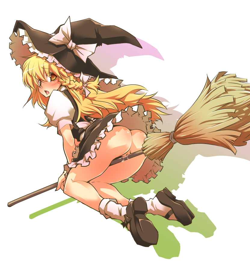 1girl ass blonde_hair blush bottomless braid broom broom_riding crotch_rub female_focus female_masturbation hat hermmy kirisame_marisa long_hair looking_back masturbation no_panties pussy pussy_juice solo touhou uncensored witch_hat yellow_eyes