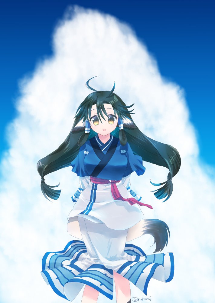 1girl aged_up ainu_clothes animal_ears aquaplus aruruu black_hair blue_sky blush breasts brown_eyes cloud cloudy_sky cowboy_shot dress gradient_eyes hair_between_eyes kneehighs kukonoji large_breasts layered_dress layered_sleeves long_hair long_image long_sleeves low-tied_long_hair multicolored_eyes open_mouth outdoors red_sash sash sidelocks signature sky socks solo standing tail tall_image twintails utawarerumono utawarerumono:_itsuwari_no_kamen very_long_hair wide_hips wide_sleeves