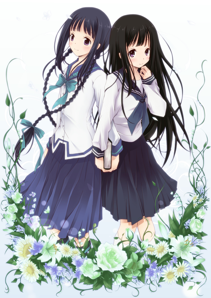 10s 2girls amano_tooko black_hair book braid bungaku_shoujo chitanda_eru daisy_(flower) flower green_flower holding_hands hyouka kamiyama_high_school_uniform_(hyouka) lily_(flower) lily_of_the_valley long_hair multiple_girls nora-toro purple_eyes rose school_uniform serafuku skirt smile twin_braids very_long_hair white_flower white_rose