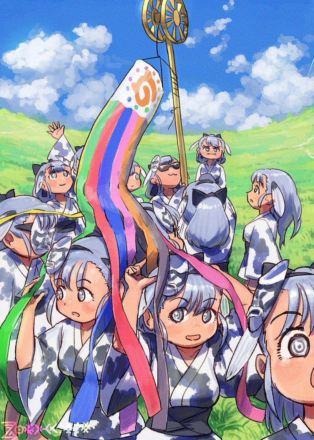 belt black_belt black_bow blush bow camouflage fins fish_girl fish_tail grey_eyes grey_hair grey_kimono hair_between_eyes hair_bow head_fins highres imnim_leef japanese_clothes jinmen-gyo_(kemono_friends) kemono_friends kimono mask mask_on_head multicolored_kimono multiple_girls obi open_mouth ponytail sash short_sleeves sidelocks smile streamers sunglasses tail
