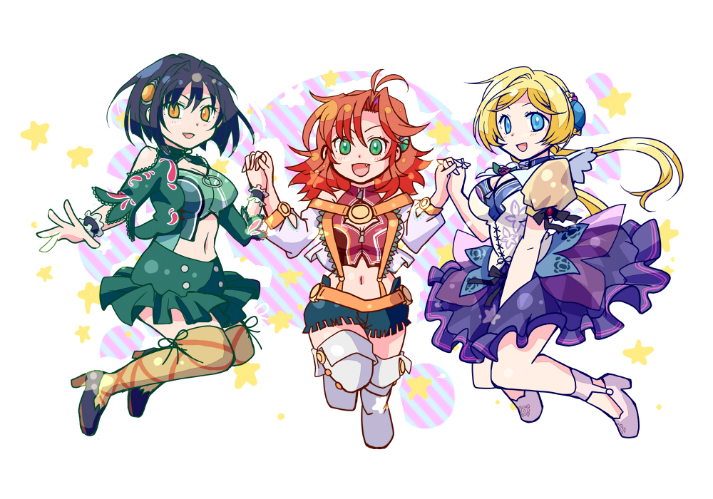 3girls black_hair blonde_hair blue_eyes boots chibi dress festenia_muse green_eyes holding_hands holding jacket jumping katia_grineal long_hair melua_melna_meia multiple_girls orange_eyes ponytail red_hair shirakawa_(whitemist) short_hair skirt sleeveless smile super_robot_wars super_robot_wars_judgement super_robot_wars_og_moon_dwellers super_robot_wars_original_generation thigh_boots thighhighs
