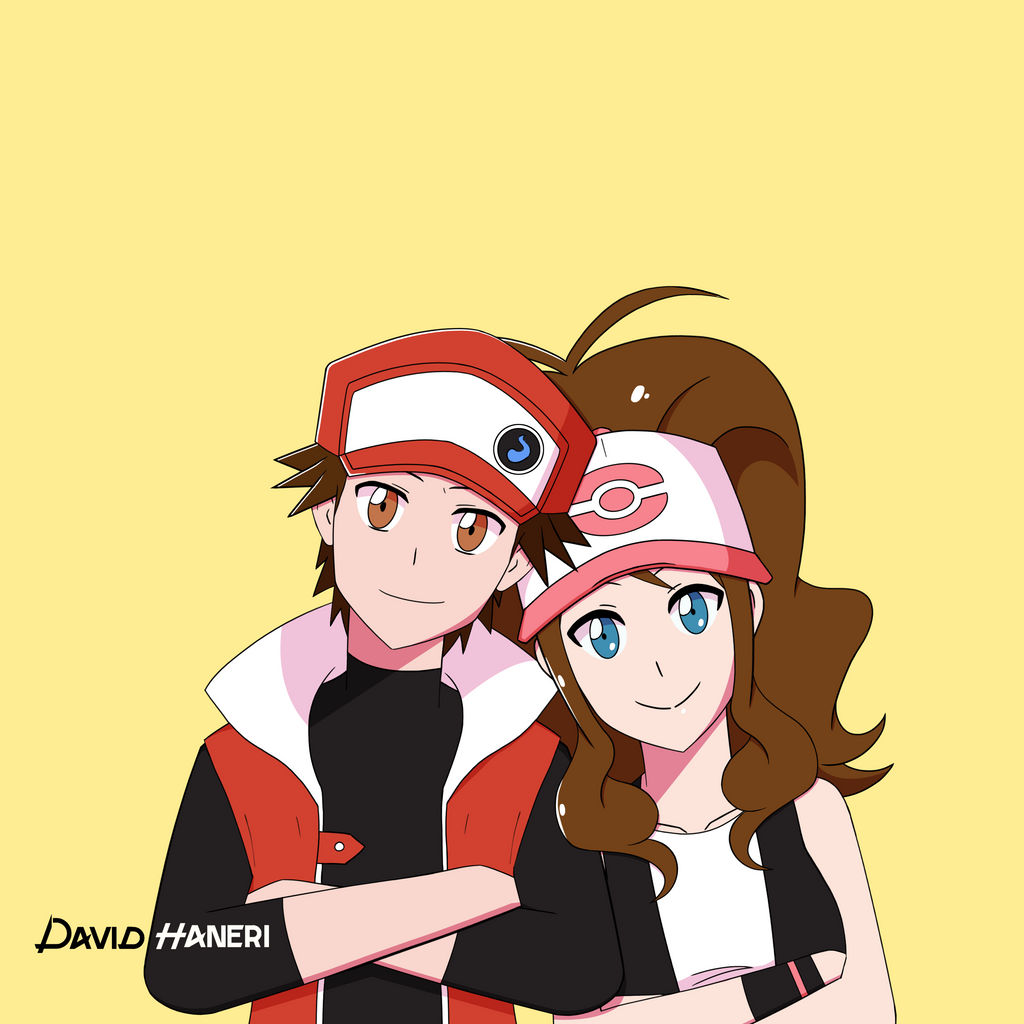1boy 1girl arm_cuffs baseball_cap black_male_underwear black_undershirt blue_eyes breasts brown_eyes brown_hair crossed_arms david-haneri game_freak grin hat hilda_(pokemon) jacket long_sleeves male_underwear nintendo poke_ball pokemon pokemon_bw pokemon_masters_ex pokemon_rgby ponytail red_(pokemon) red_(sygna_suit)_(pokemon) shirt smile t-shirt underwear vest yellow_background