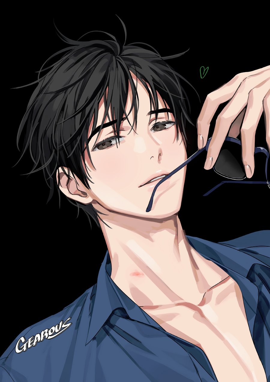 1boy artist_name black_background black_hair blue_shirt brown_eyes collarbone collared_shirt fingernails gearous glasses hand_up heart highres holding holding_removed_eyewear katsuki_yuuri looking_at_viewer male_focus messy_hair mouth_hold open_clothes open_shirt parted_lips pectorals shirt short_hair simple_background solo sunglasses unworn_eyewear upper_body yuri!!!_on_ice