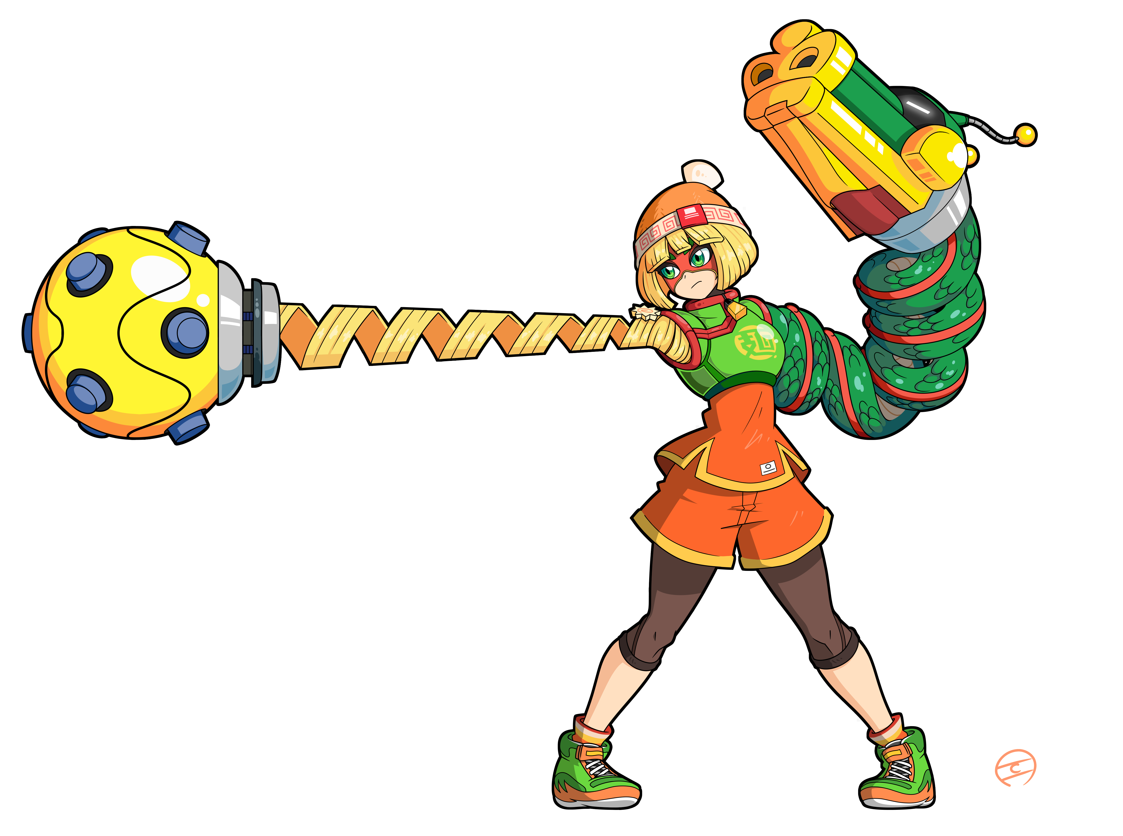 1girl absurdres arms_(game) beanie blonde_hair blunt_bangs bob_cut clochan_(dongin1228) dragon_(arms) eye_mask green_eyes green_shoes hat highres leggings_under_shorts megawatt_(arms) min_min_(arms) orange_shirt orange_shorts shirt shoes short_hair shorts solo extendable_limbs transparent_background