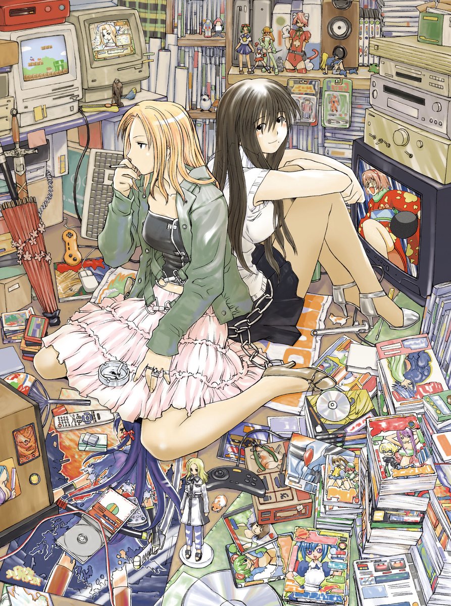 2girls absurdly_detailed_composition asagiri_komaki ashtray back-to-back black_hair black_skirt black_tube_top blonde_hair book bookshelf cd_case cigarette computer computer_mouse controller figure full_body genshiken green_jacket high_heels highres hugging_own_legs indoors jacket kasukabe_saki kio_shimoku kujibiki_unbalance loaded_interior long_hair looking_at_viewer manga_(object) mario_(series) messy_room mole mole_under_mouth multiple_girls nintendo oono_kanako otaku_room pink_skirt poster_(object) shelf sitting skirt sleeveless sleeveless_sweater sleeveless_turtleneck smile smoking stereo strapless super_mario_bros._1 sweater sword television toy tube_top turtleneck umbrella wariza weapon white_sweater