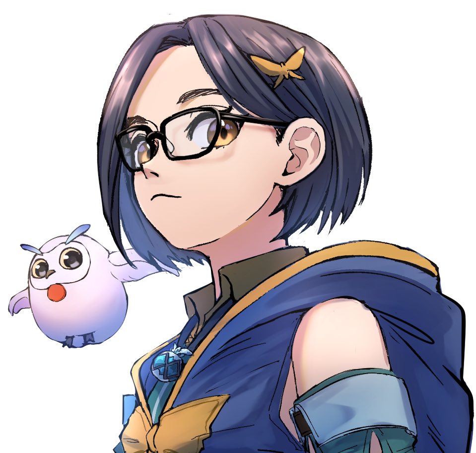 1girl bespectacled bird black_hair closed_mouth commentary_request fururu_(tales) glasses looking_at_viewer owl pery_618 rinwell_(tales) short_hair simple_background tales_of_(series) tales_of_arise upper_body white_background