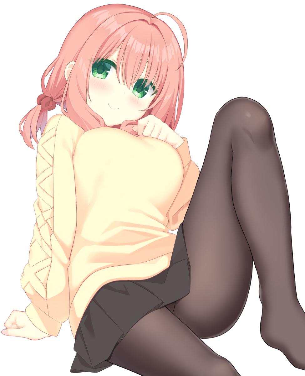 1girl ahoge arm_support black_pantyhose black_skirt blush breasts c: closed_mouth colored_eyelashes commentary_request eyes_visible_through_hair feet_out_of_frame green_eyes hair_between_eyes hand_up highres iroha_(utsumire) knee_up large_breasts looking_at_viewer low_twintails medium_hair miniskirt no_shoes original pantyhose pink_hair pleated_skirt short_twintails simple_background sitting skirt smile solo sweater thighs twintails upskirt utsunomiya_tsumire white_background yellow_sweater