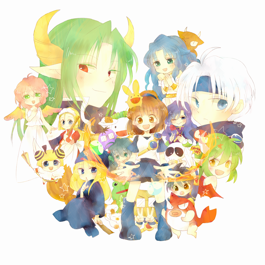 angel angel_wings arle_nadja blue_eyes blue_footwear blue_headband brown_eyes brown_hair carbuncle_(puyopuyo) choppun curry curry_rice draco_centauros flower food glasses green_eyes green_hair harpy_(puyopuyo) headband honey_bee_(puyopuyo) horns incubus_(puyopuyo) kikimora_(puyopuyo) lagnus_the_brave long_hair looking_at_viewer madou_monogatari mgal-clark minotaur_(puyopuyo) multiple_boys multiple_girls nasu_grave nohoho_(puyopuyo) pakista_(puyopuyo) pink_hair pointy_ears ponytail puyo_(puyopuyo) puyopuyo red_eyes red_flower red_rose rice rose rulue_(puyopuyo) satan_(puyopuyo) schezo_wegey serilly_(puyopuyo) short_hair skeleton_t suketoudara white_background white_hair wings witch_(puyopuyo)