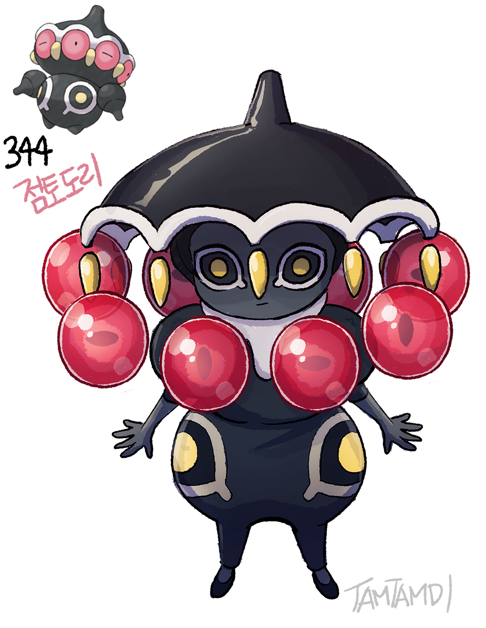 1girl black_hat black_romper black_sclera black_skin bubble claydol closed_mouth colored_sclera colored_skin commentary eyeliner full_body gen_3_pokemon hat highres makeup nintendo personification pokemon pokemon_(creature) reference_inset simple_background tamtamdi translated white_background white_eyeliner yellow_eyes