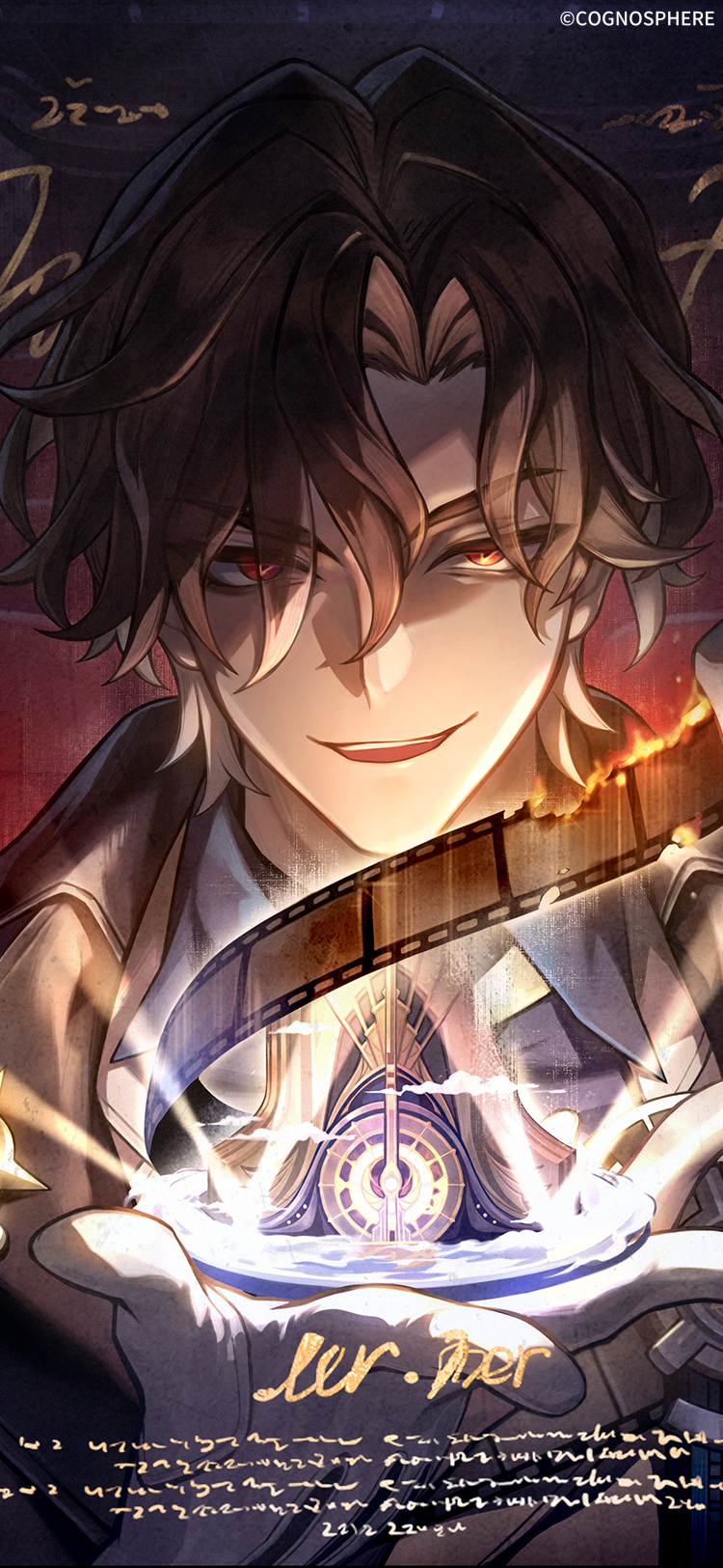 1boy brown_hair burnt close-up company_name eyes_visible_through_hair fake_text film_strip gloves hand_up highres honkai:_star_rail honkai_(series) looking_at_viewer male_focus movie_poster mr._reca_(honkai:_star_rail) official_art portrait red_eyes short_hair solo straight-on white_gloves