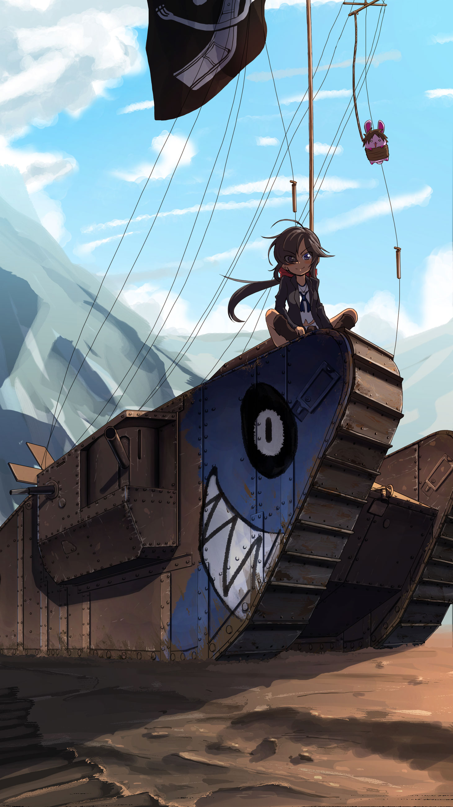 1girl absurdres artist_self-insert black_boots black_coat black_eyes black_hair black_neckerchief blouse blue_sky boots bow butterfly_sitting closed_mouth cloud cloudy_sky coat dark-skinned_female dark_skin day eyes_visible_through_hair flag flag_on_vehicle girls_und_panzer hair_bow hair_over_one_eye highres jinguu_(4839ms) jolly_roger long_coat long_hair long_sleeves looking_at_viewer mark_iv_tank midriff military military_vehicle miniskirt motor_vehicle mountainous_horizon neckerchief no_headwear ogin_(girls_und_panzer) on_vehicle ooarai_naval_school_uniform open_clothes open_coat outdoors ponytail rabbit red_bow sailor school_uniform shark_print shirt sitting skirt sky smile solo tank white_shirt white_skirt wind