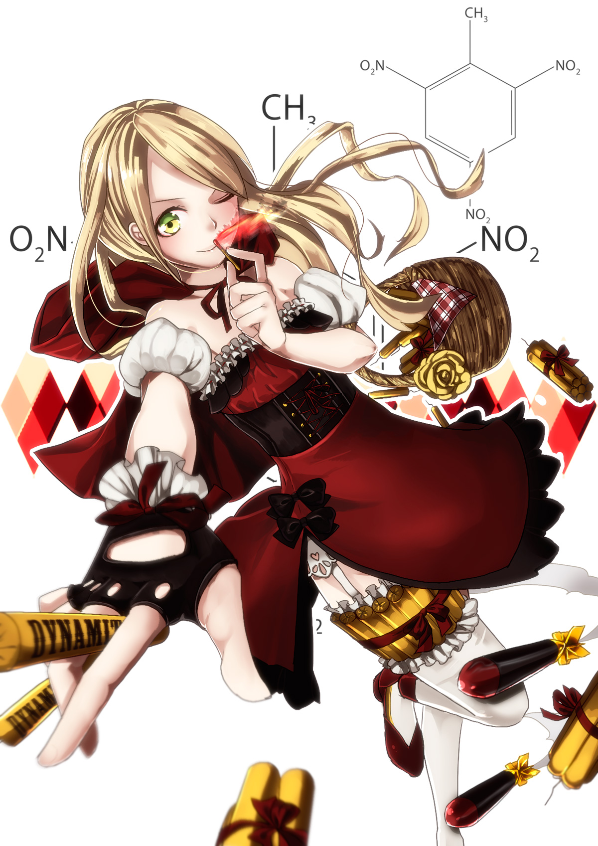 bad_id bad_pixiv_id basket blonde_hair dynamite explosive garter_belt gloves green_eyes highres matches memai one_eye_closed original solo terrorist thighhighs tnt wink