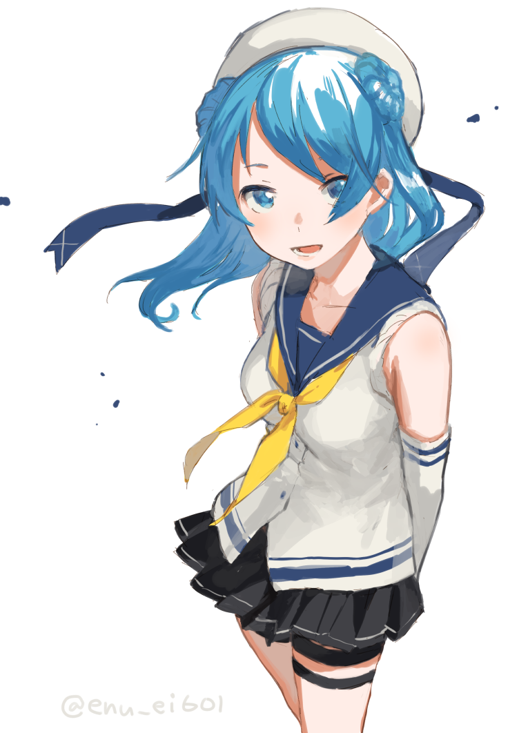 1girl black_skirt blue_eyes blue_ribbon blue_sailor_collar breasts collarbone commentary_request cowboy_shot double_bun dress_shirt elbow_gloves floating_hair gloves hair_bun hat hat_ribbon kantai_collection karamomo long_hair looking_at_viewer lower_teeth_only medium_breasts miniskirt neckerchief one-hour_drawing_challenge open_mouth pleated_skirt ribbon sailor_collar school_uniform serafuku shirt sidelocks simple_background skirt sleeveless sleeveless_shirt solo swept_bangs teeth thigh_strap twitter_username urakaze_(kancolle) white_background white_gloves white_hat yellow_neckerchief