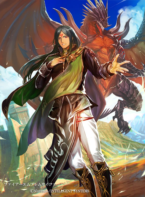 1boy bat_wings boots cape cherokee_(1021tonii) dark-skinned_male dark_skin dragon dragon_tail facial_mark fire_emblem fire_emblem:_radiant_dawn fire_emblem_cipher forehead_mark green_hair long_hair male_focus nintendo official_art rajaion_(fire_emblem) red_eyes sky solo tail teeth wings