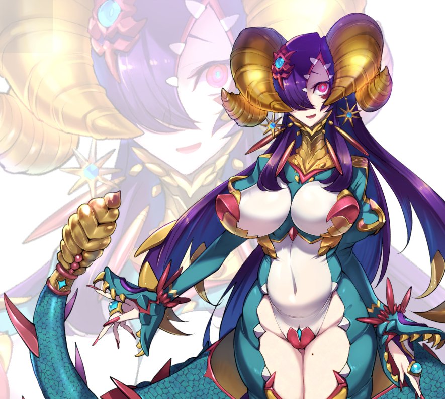 1girl :d adapted_costume blue_pupils bright_pupils colored_skin curled_horns earrings fingernails gargorgon hair_over_one_eye horns jewelry juliet_sleeves long_fingernails long_hair long_sleeves looking_at_viewer mole mole_on_thigh monster_girl multiple_horns nail_polish navel one_eye_covered open_mouth personification pink_eyes pointy_breasts puffy_sleeves purple_hair red_nails smile solo standing tail thigh_gap thighs ultra_series ultraman_x_(series) very_long_hair white_skin z-ton zoom_layer