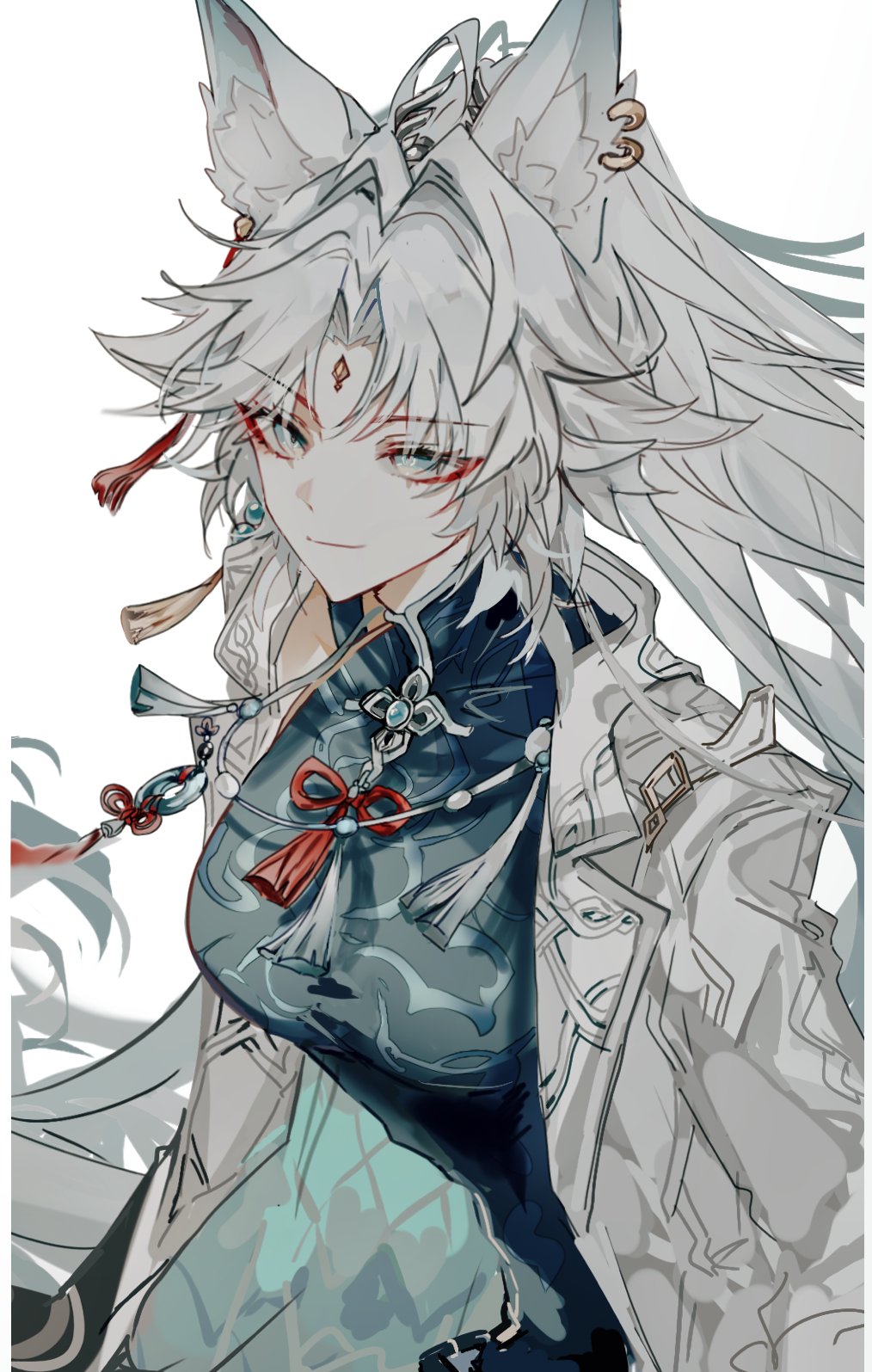 1girl animal_ears breasts chinese_commentary commentary earrings eyeliner feixiao_(honkai:_star_rail) forehead_jewel fox_ears green_eyes green_shirt grey_hair hair_ornament highres holding honkai:_star_rail honkai_(series) jacket jade_pendant jewelry large_breasts long_hair makeup mandarin_collar mulihaohao red_eyeliner shirt smile solo tassel tassel_hair_ornament upper_body very_long_hair white_background white_jacket