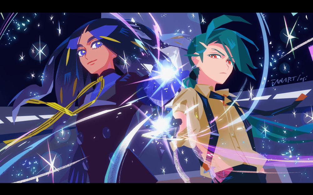 2girls androgynous black_hair black_necktie blue_eyes blue_gloves bright_pupils brown_shirt closed_mouth commentary_request creatures_(company) dark-skinned_female dark_skin eyelashes game_freak geeta_(pokemon) gloves glowing green_hair holding holding_tera_orb letterboxed logi_bunbukucha long_hair multiple_girls neck_ribbon necktie nintendo pokemon pokemon_sv ponytail red_eyes reverse_trap ribbon rika_(pokemon) shirt sparkle suspenders tera_orb white_pupils yellow_ribbon