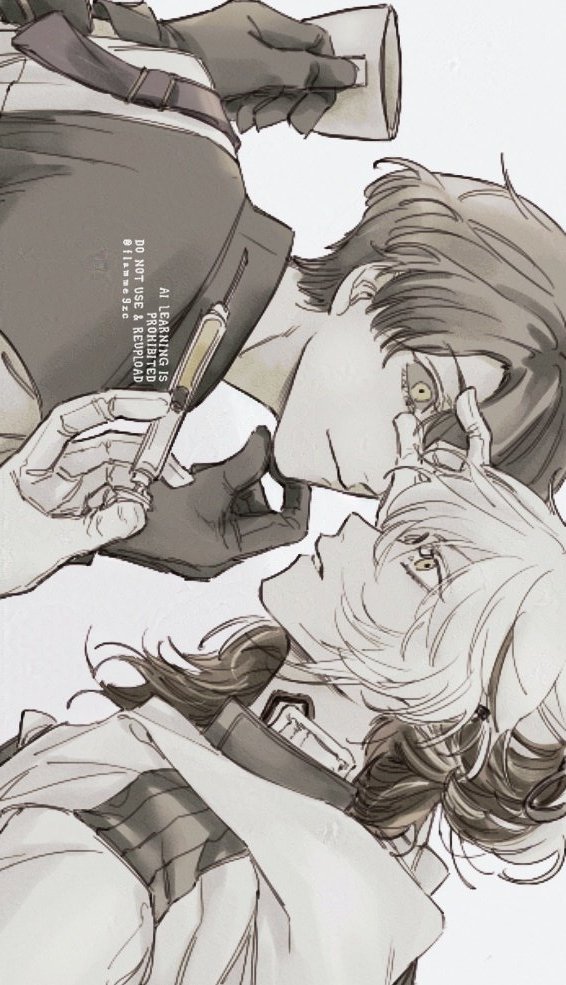 1boy 1other coat cup eye_contact face-to-face gloves greyscale gyujik_qzc hand_on_own_chin hand_over_another&#039;s_eye hands_up holding holding_cup holding_syringe looking_at_another medicine_pocket monochrome reverse:1999 short_hair sideways syringe upper_body x_(reverse:1999)