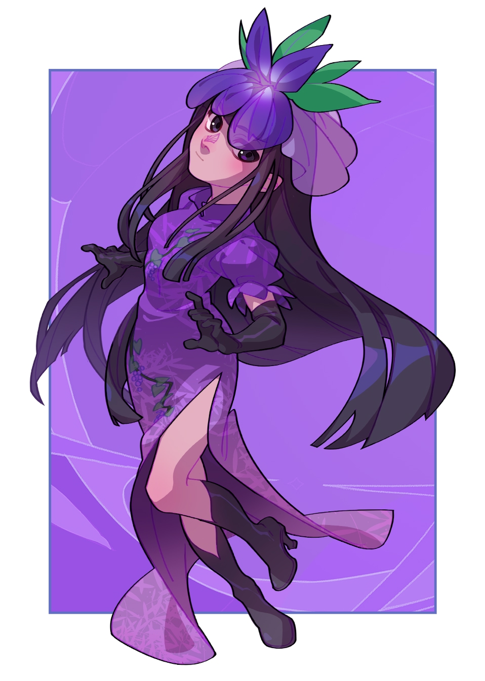 1girl black_boots black_gloves black_hair boots border closed_mouth color_wheel_challenge dress elbow_gloves flower flower_on_head food_print fruit_print full_body gloves grape_print high_heel_boots high_heels highres hime_cut knee_boots long_dress long_hair looking_at_viewer multiple_drawing_challenge purple_background purple_dress purple_eyes purple_flower purple_theme side_slit sidelocks soemy straight_hair touhou very_long_hair vine_print white_border yomotsu_hisami