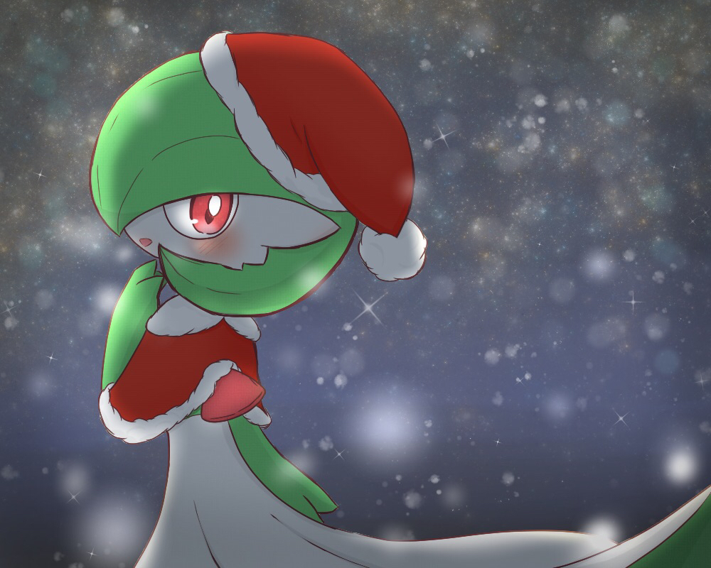 1girl arm_at_side backlighting blush bob_cut capelet clothed_pokemon female_focus from_behind fur-trimmed_capelet fur-trimmed_hat fur_trim gardevoir gen_3_pokemon green_hair grey_background hair_over_one_eye hand_to_own_mouth hand_up happy hat kuro_hanashi_mi looking_at_viewer looking_back nintendo one_eye_covered open_mouth pokemon pokemon_(creature) pom_pom_(clothes) red_capelet red_eyes red_hat santa_hat short_hair smile snowing solo sparkle standing