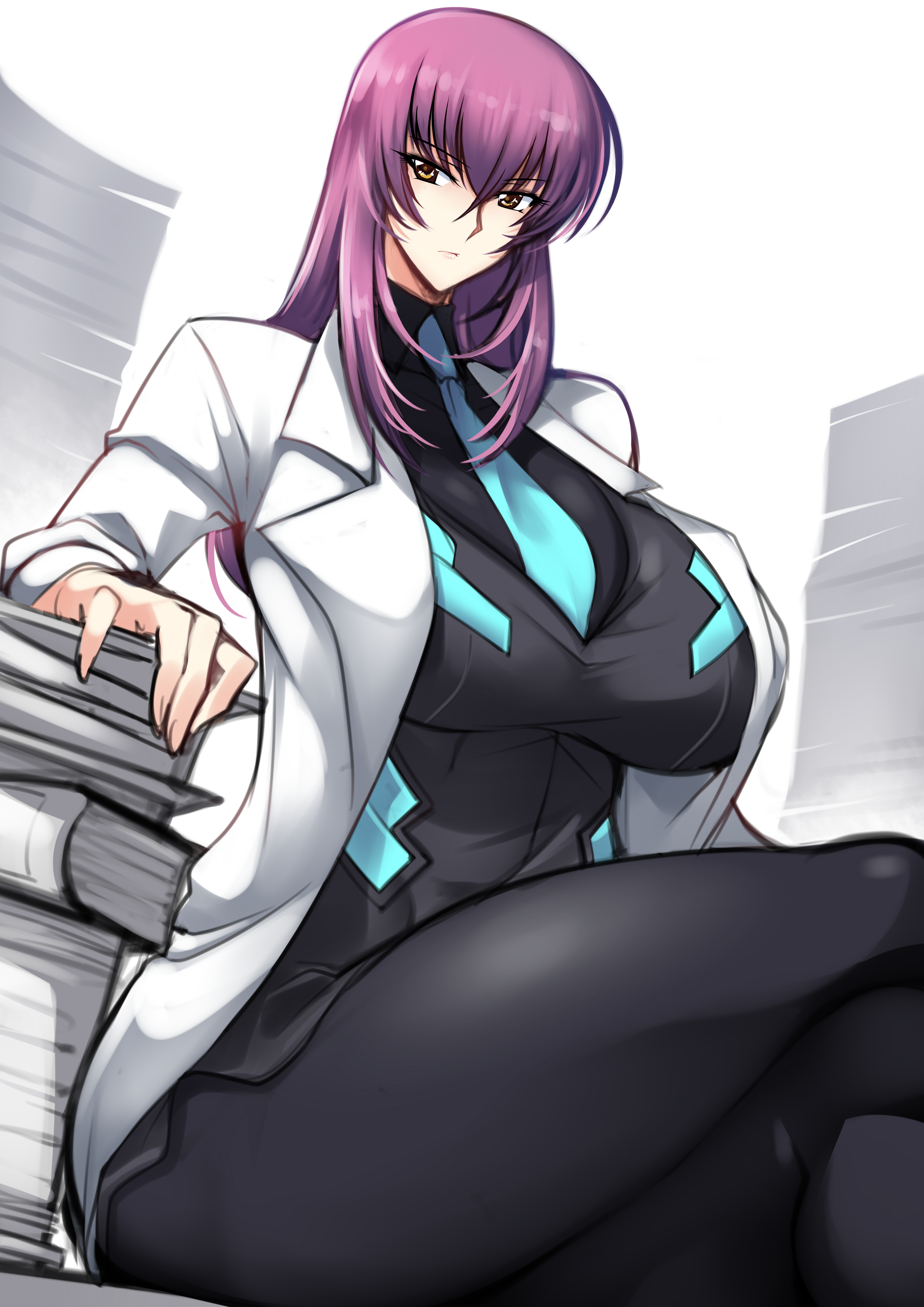 1girl absurdres black_jacket black_pantyhose black_shirt blue_necktie breasts brown_eyes coat crossed_legs expressionless haganef highres jacket kouzuki_yuuko lab_coat large_breasts long_hair military military_uniform muv-luv muv-luv_alternative necktie pantyhose papers purple_hair shirt sitting solo thick_thighs thighs white_background white_coat
