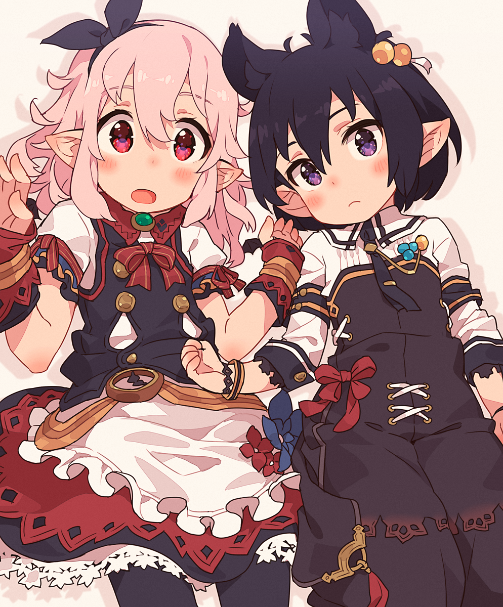 2girls :o animal_ears blush bow bowtie closed_mouth detached_sleeves hair_bow hair_ornament hairband highres long_sleeves looking_at_viewer mano_(narumi_arata) multiple_girls narumi_arata original pink_hair pointy_ears purple_eyes recri_(narumi_arata) red_eyes red_neckwear red_skirt short_hair short_sleeves skirt vest