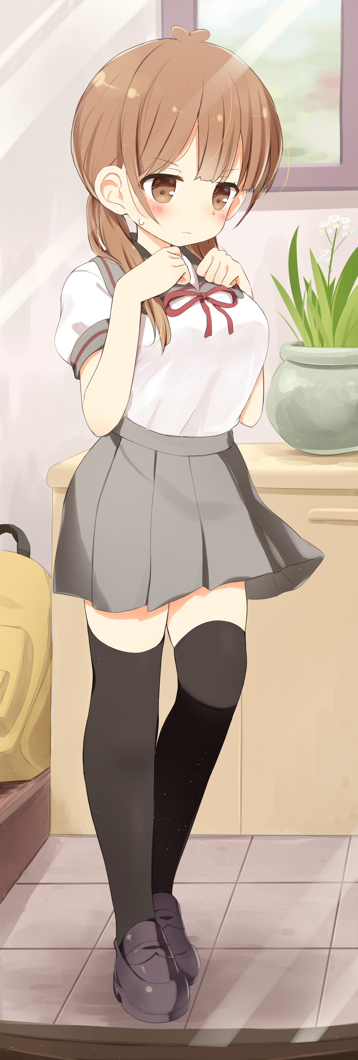 1girl absurdres black_thighhighs breasts brown_eyes clenched_hands frown hand_on_own_chest highres ichiyo12 large_breasts light_blush light_brown_hair medium_hair midriff_peek multicolored_hair original plant potted_plant school_uniform serafuku short_sleeves standing streaked_hair thighhighs twintails white_serafuku window zettai_ryouiki