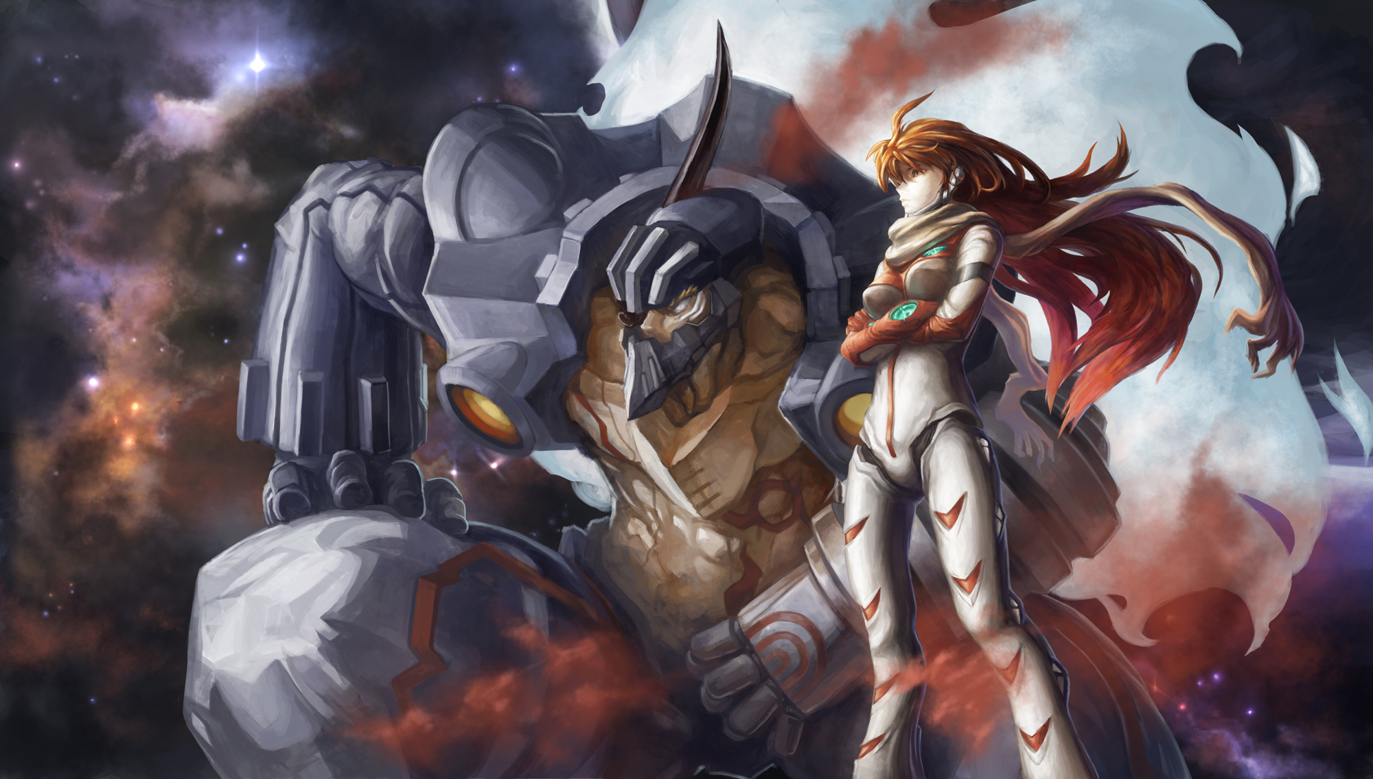 00s android buster_machine_7 crossed_arms dix-neuf epic galaxy gunbuster_pose guts_(artist) highres mecha nono_(top_wo_nerae_2!) realistic red_hair robot scarf science_fiction space star_(sky) star_(symbol) top_wo_nerae! top_wo_nerae!_(series) top_wo_nerae_2!