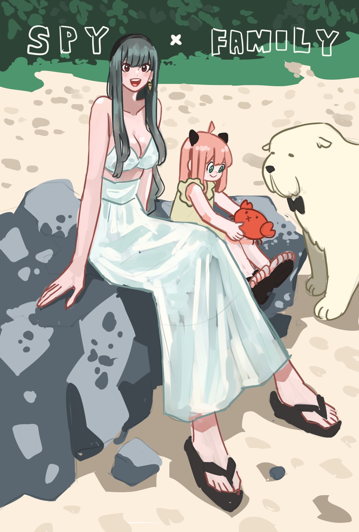 2girls ahoge animal anya_(spy_x_family) bond_(spy_x_family) bow bowtie dog earrings full_body green_hair highres holding jewelry long_hair looking_at_viewer multiple_girls open_mouth pink_hair red_eyes sandals sitting skirt smile spy_x_family takeuchi_ryousuke yor_briar
